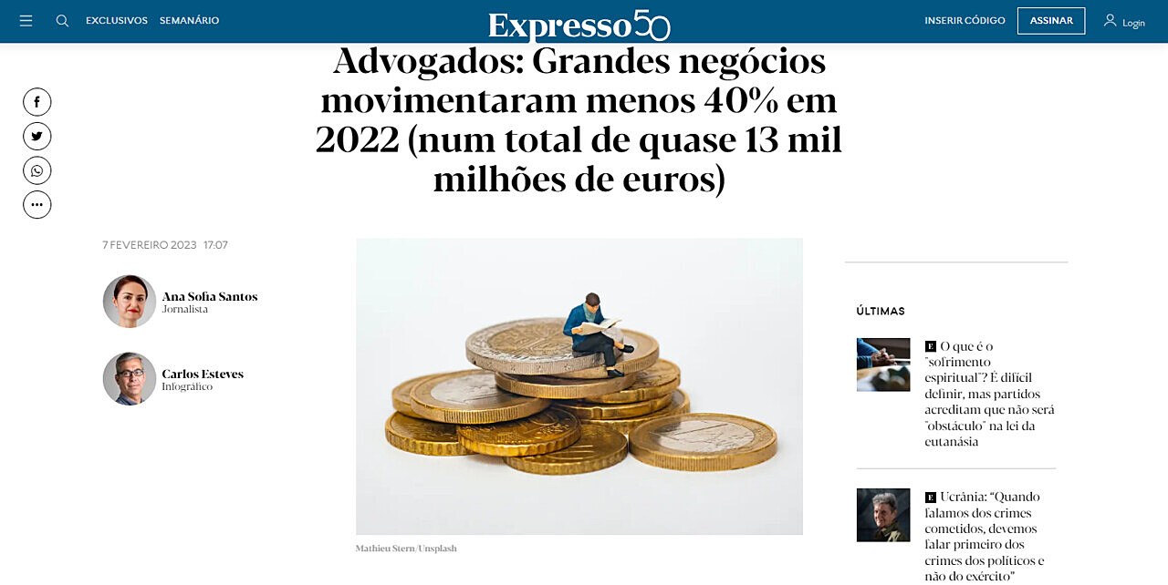 Advogados: Grandes negcios movimentaram menos 40% em 2022 (num total de quase 13 mil milhes de euros)